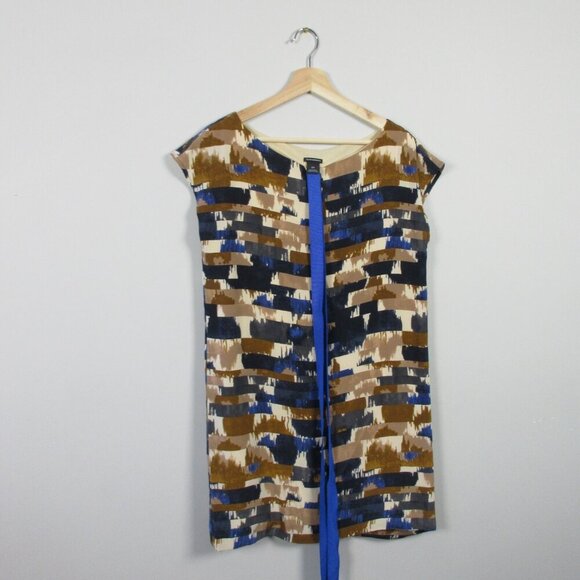 Club Monaco Silk Tunic Top Women S Brown Multi Short Cap Sleeve Boxy Casual 138 - Picture 1 of 10